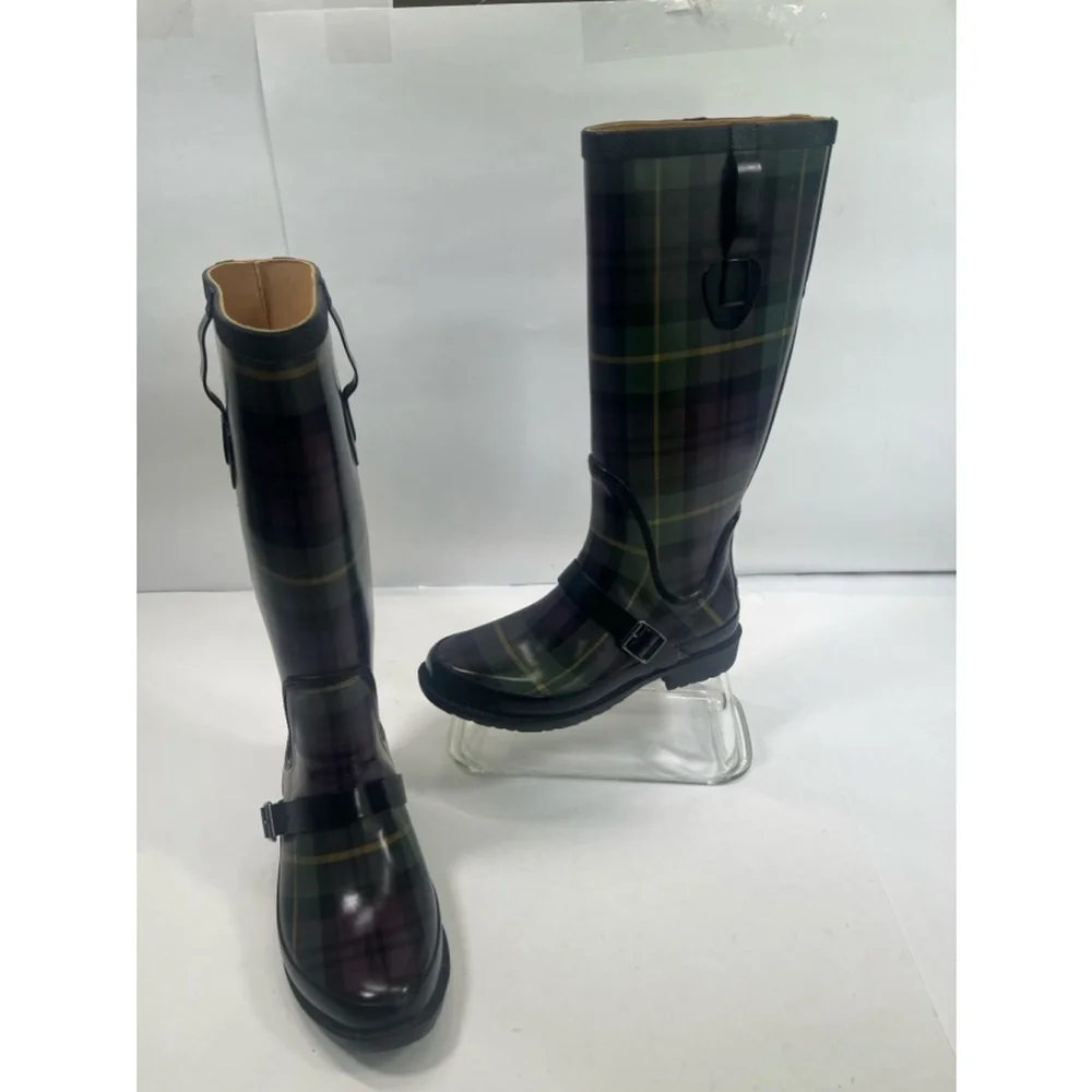 L.L.Bean Women's Green and Purple Plaid Rain Tall Boots Size‎ 7 Wellies Rubber